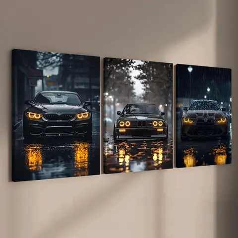 1-3 Counts Wooden Framed Canvas, Rainy Night Bmw Cars Poster, Living Room Decoration, Modern Art, Art Work For Wall Decor, Wall Art Decoration, Modern Home Decor, Odorless, Waterproof, Artwork, Hanging Wall Art, Decoration Items