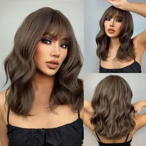 18 Inch Long Wavy Wigs Brown with Bangs Wigs for Women Daily or Cosplay Use  LC6034-1