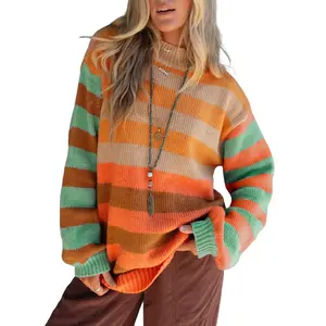 Women’s Orange Color Block Stripe High Neck Drop Shoulder Cozy Sweater