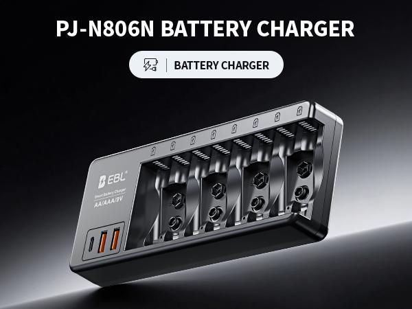 EBL AA AAA 9V Individual Battery Charger for AA AAA 9V NiMH NiCD and 9V Li-ion Rechargeable Battery, with 2 USB-A & 1 USB-C Charging Ports