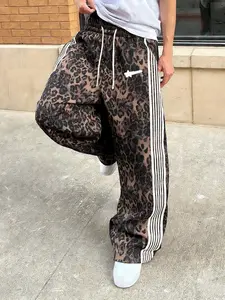 Vintage Leopard Print Pants, Side Stripe Design, Loose Fit, Long Regular Length, Casual Style, All Seasons, Soft Fabric