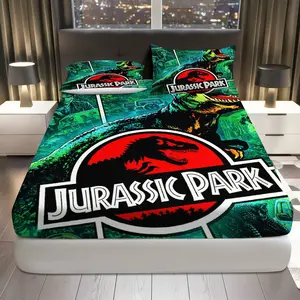 3Pcs Jurassic Dinosaur Adventure Fitted Sheet Three Piece Set (1*Fitted Sheet+2*Pillowcases, Coreless), Holiday theme, Movie Bedding Set, Mattress Protector Soft, Breathable