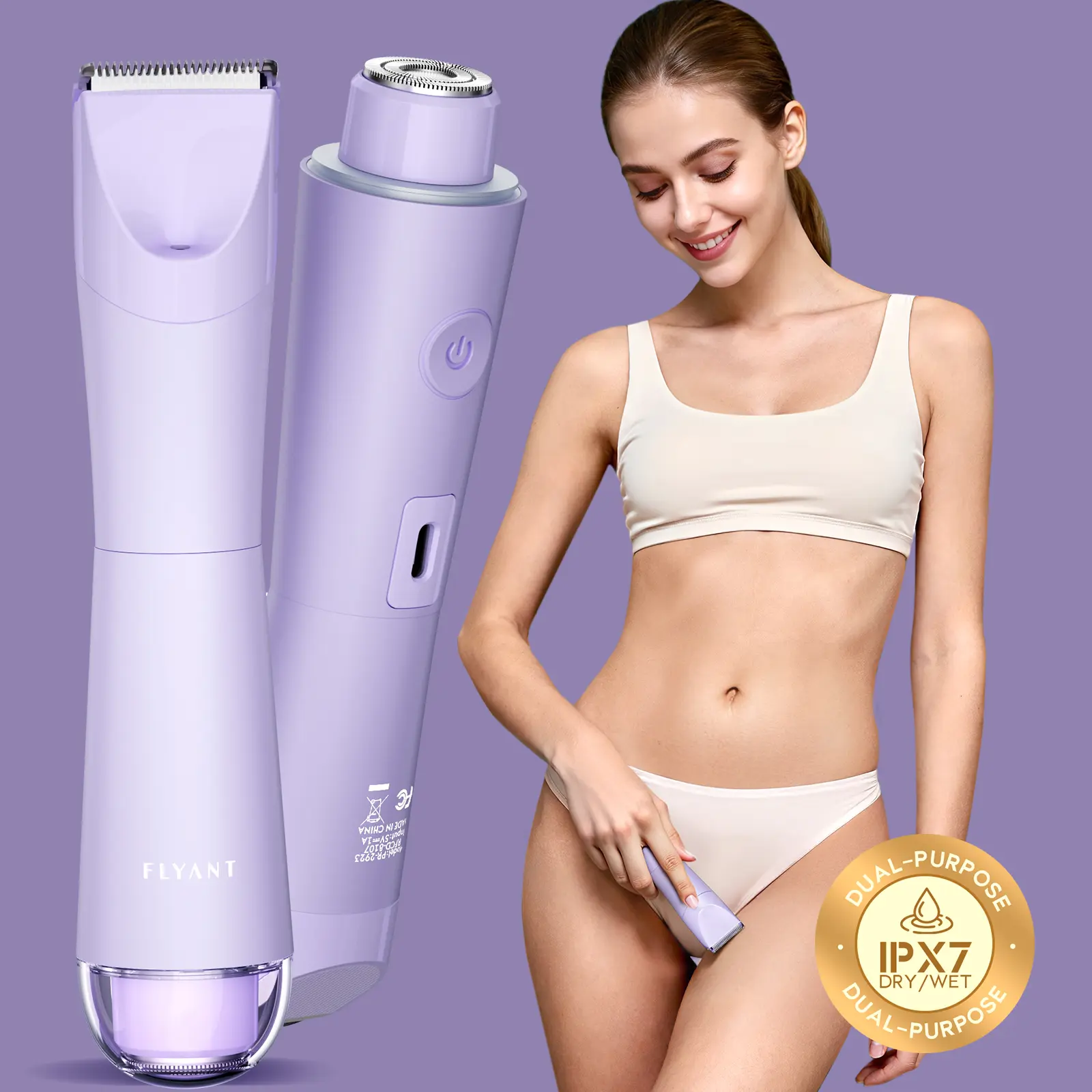 Flyant Dual Head Bikini Trimmer for Women, 2 in 1 Electric Shaver for Women, Dual Head Electric Hair Removal Tool, IPX7 Waterproof Public Hair Trimmer with LED, Bikini Razor for Leg Arm Underarm Bikini Area, Gifts for Her - Purple