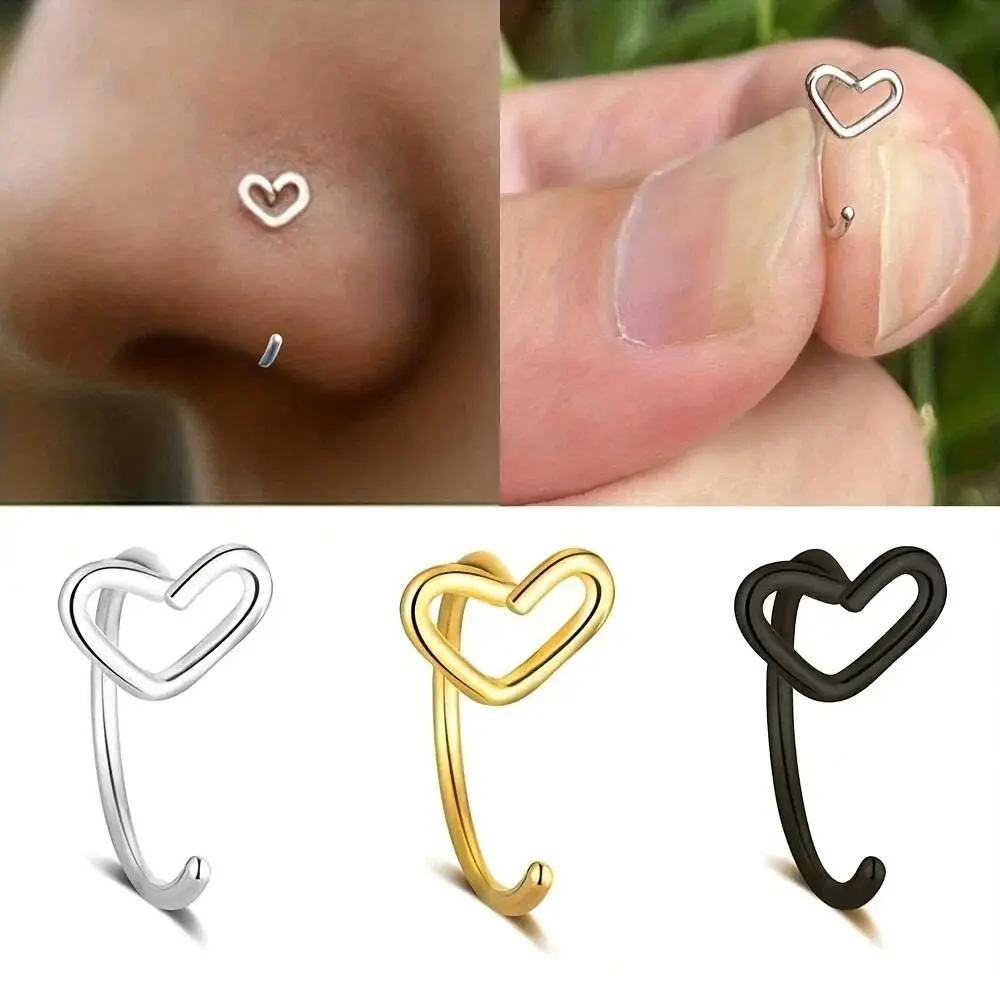 1pc Simple Heart-Shaped Nose Ring 20G Stainless Steel Piercing Jewelry for Women Daily Wear Body Piercing Accessory