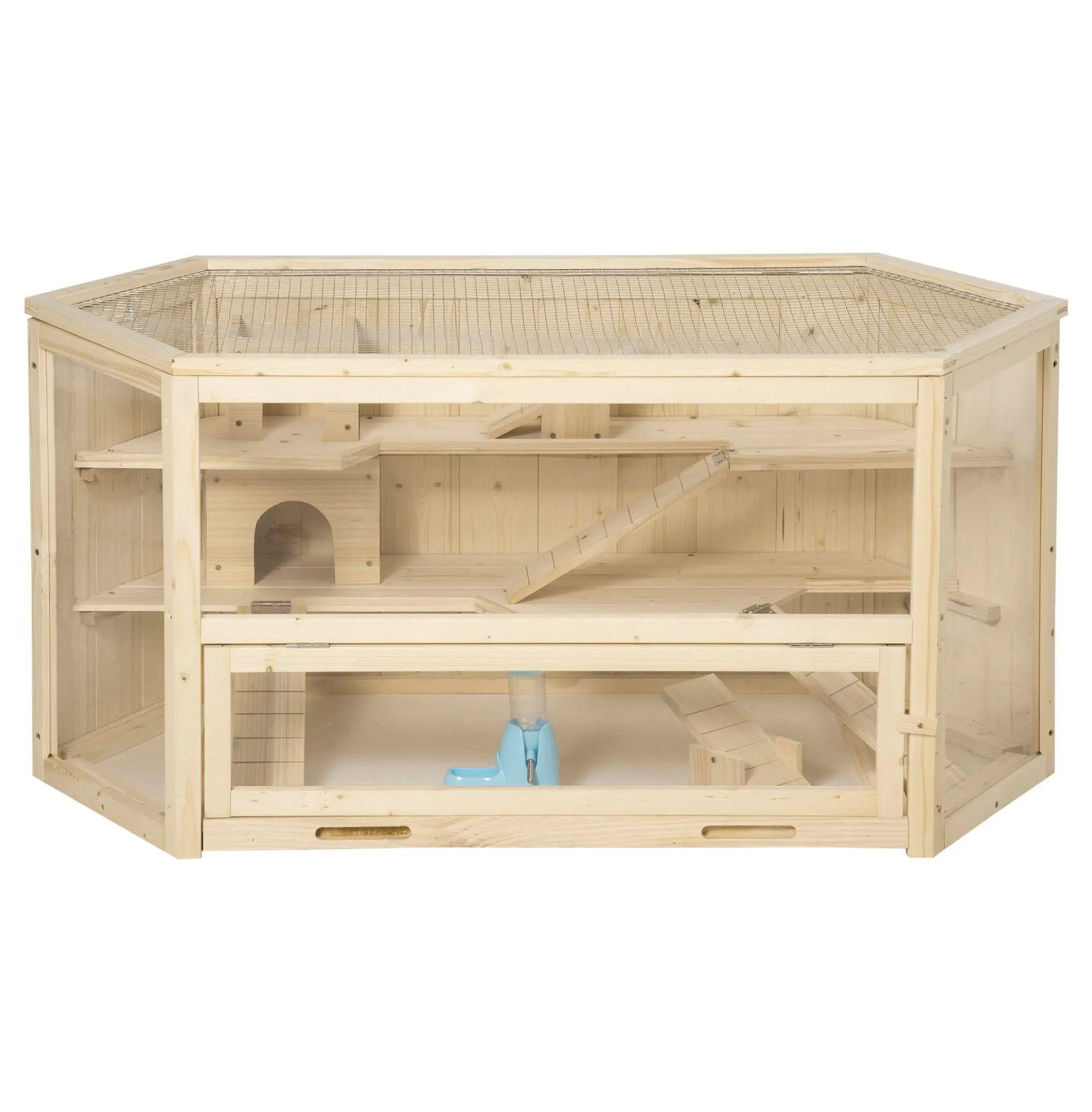 3-Tier Large Wooden Hamster Cage - 45.25" L x 23.5" W x 21.75" H, Slide, Activity Center, Cozy Hideouts - Indoor Small Animal Habitat for Hamsters, Encourages Natural Behaviors & Mental Stimulation, Natural Wood, Other Small Animals