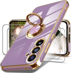 Phone Case for Samsung Galaxy S23 FE 5G Case, 2X Tempered Glass Screen Protector, 360° Rotatable Ring Holder Magnetic Kickstand,Plated Gold Edge Slim Soft TPU Protective Phone Case Cover (Purple)