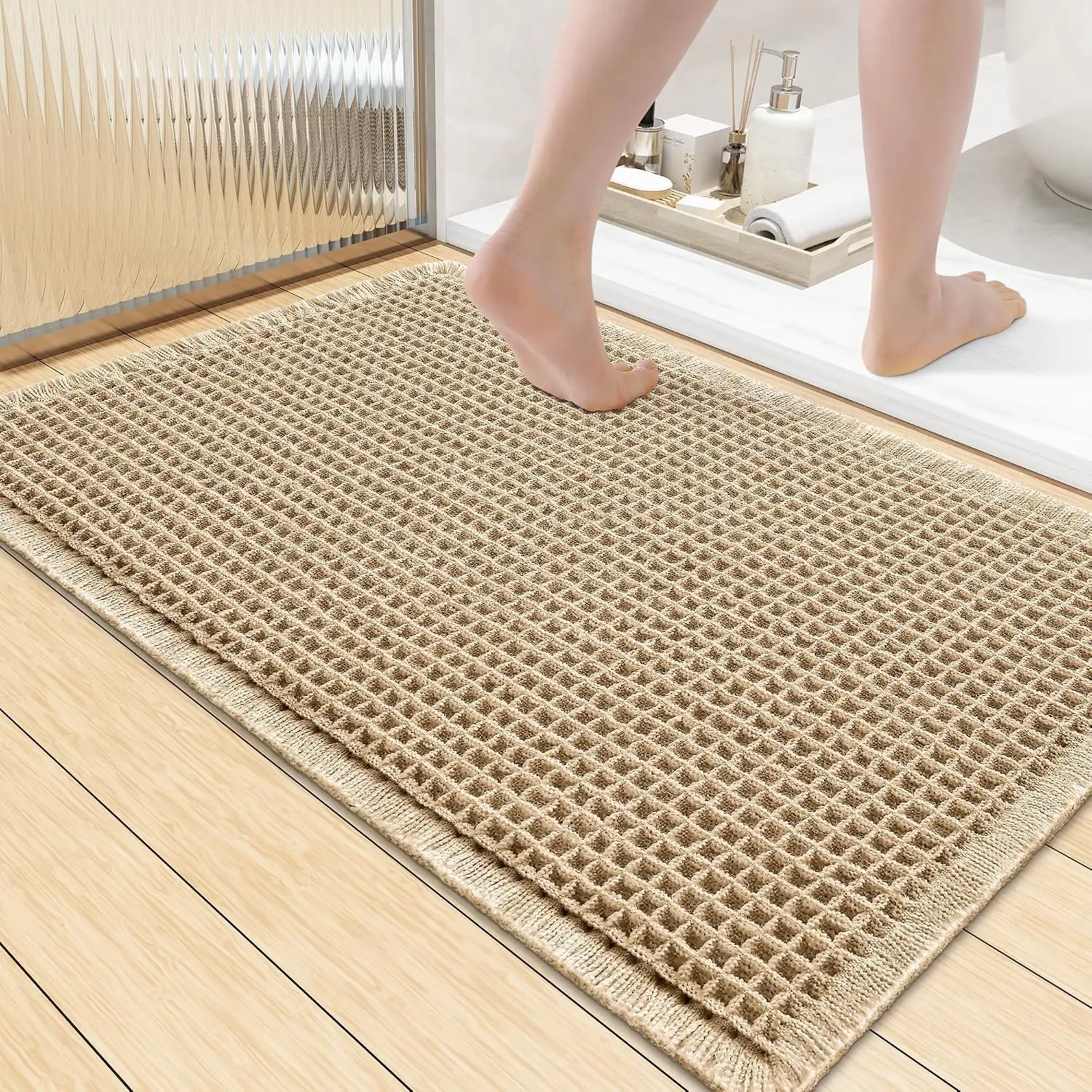 Waffle Bath Mat 36x24, Extra Soft Absorbent Bathroom Rugs, Non Slip Machine Washable Quick Dry Bath Rugs for Bathroom Floor, Tub, Shower, Home Decor Accessories, Brown