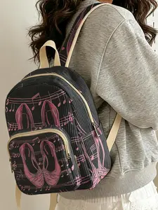 1 piece of pink ballet shoes and note pattern 2D printed lady's backpack, velvet texture + layered storage + light weight reduction | perfect for students to go to class/shopping/short trips | combines atmosphere with practicality