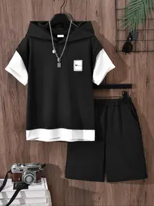 Two-piece Set Boy's Hooded Top & Shorts, Youth Kits, Casual Lightweight Fabric Hooded Top & Track Shorts for Summer, Kids Clothes for Daily Wear Outfit, Summer Clothing Set