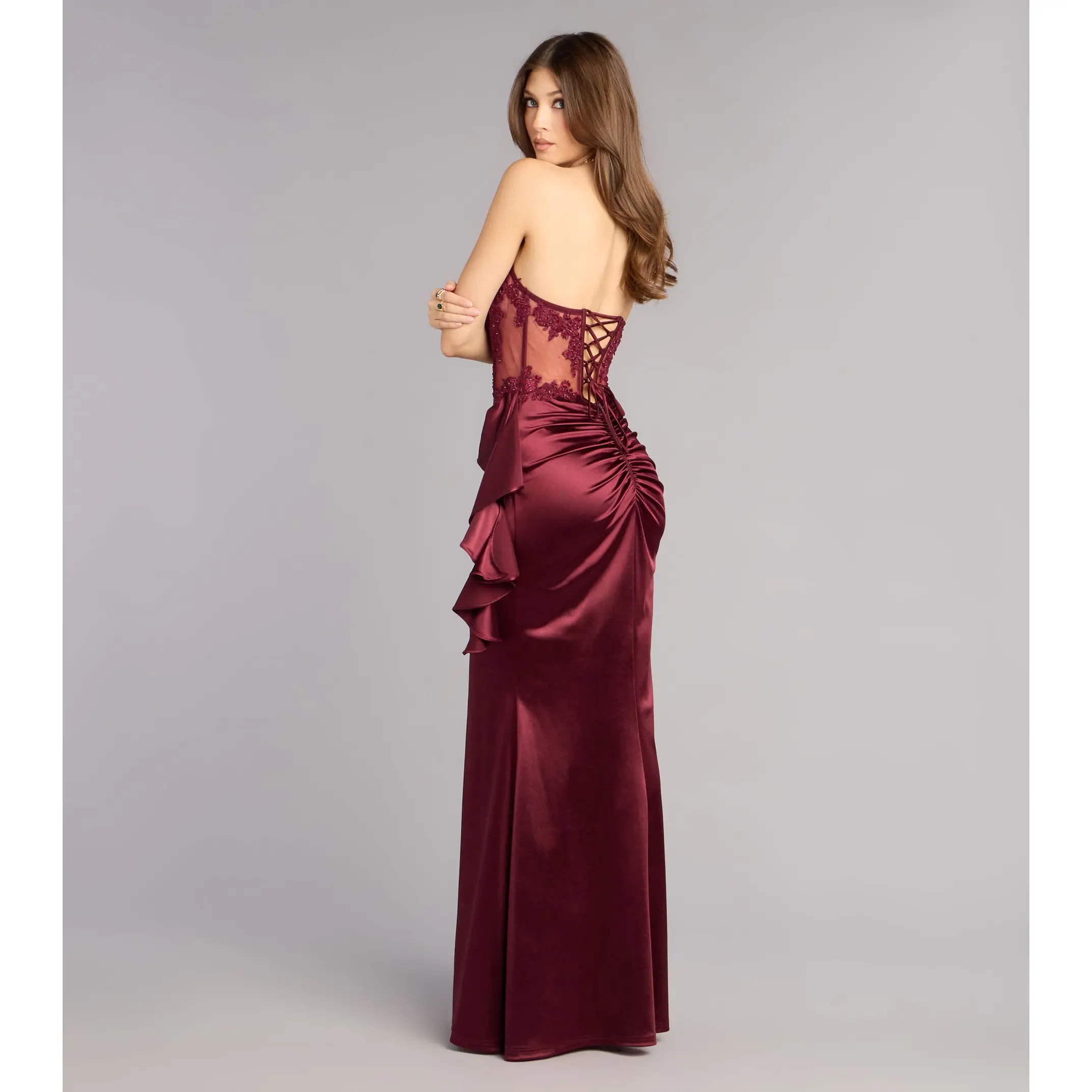 floral applique formal dress Evening Dress Spaghetti Straps Sheath Long Prom Dresses Side Fork Eleg –  Aabei Dress main image 0