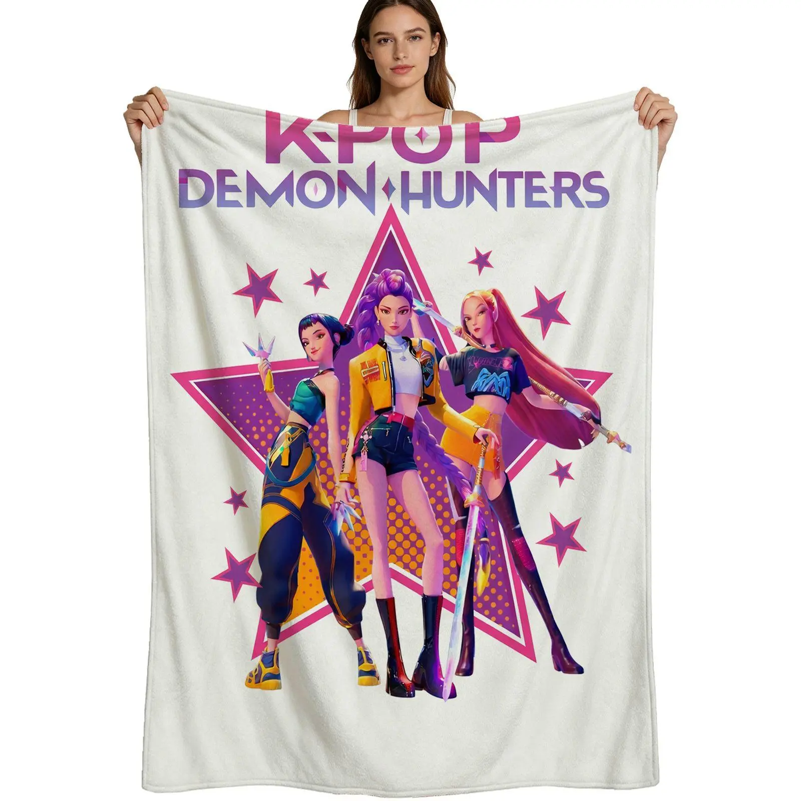 Kpop Demon Hunters Warm Flannel Fabric Blanket - Star Pattern, Anti-Pilling Soft Plush, Couch/Bed Use, Multi-Size (4 Sizes Available) for Kpop Fans, Single Pack Bedroom Decor Throw Blanket