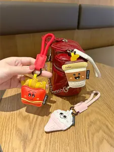 Cute Food-Shape Keychain, Soft and Cozy Style, PU Leather Braided Strap, Ice Cream Coffee Fries Pendant, Unique Gift for Students and Food Lovers