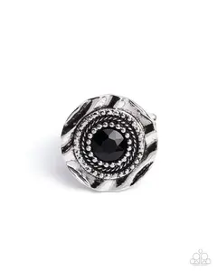Glistening Grotto - Black Gem Silver Circle Ring - Paparazzi