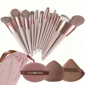 16pcs Makeup Brush Set, Includes 13 Brushes, 1 Water Drop Sponge, 1 Round Puff, 1 Triangle Sponge, Soft Synthetic Bristles, Cruelty-Free