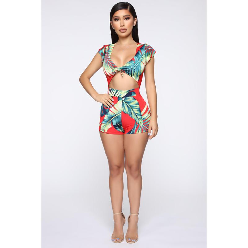 Waist No Time Tropical Romper - Red/combo