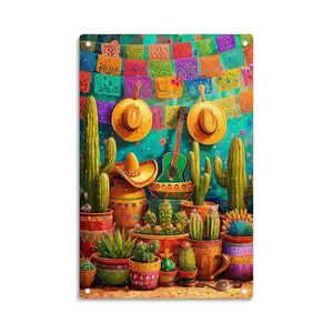 Fiesta Cactus And Guitar Vintage Mexican Metal Sign Print Aesthetic Room Decoration for Home Bedroom Kitchen Bar Dorm Bathroom Wall Decor 8 X 12 Inch