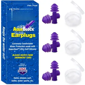 AquaBlock Swimming Earplugs, 3 Pair - Comfortable, ,   Ear Plugs for Swimming, Snorkeling, Showering, Surfing and Bathing (Purple)