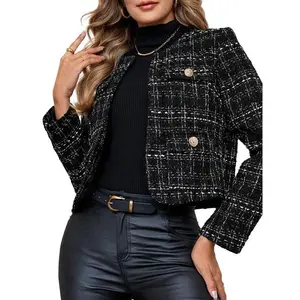 Women's Cropped Tweed Blazer Jackets Elegant Slim Collarless Business Casual Outfits with Gold Buttons and Belted Design