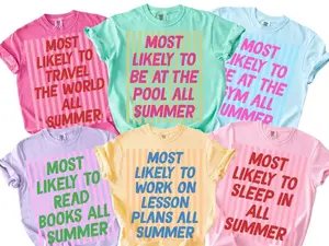 Funny Teacher Break Shirt, Custom Most Likely To Teacher Summer T-Shirt,  Retro Striped End of Year Comfort Color Tee, Teacher Team Matching Shirt - SoftHype Apparel