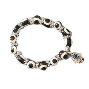 Black and White Evil Eye Protection Bracelet with Hamsa Charm - Stylish Beaded Design for Protection