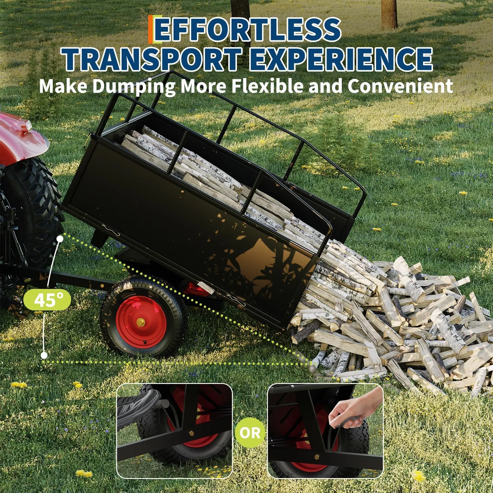 750 LBS Heavy Duty ATV Dump Cart, 17 Cu.Ft Steel Tow Behind Utility Trailer, Removable Sides, Pneumatic Tires, Ideal for Lawn Tractor, UTV, Yard Landscaping