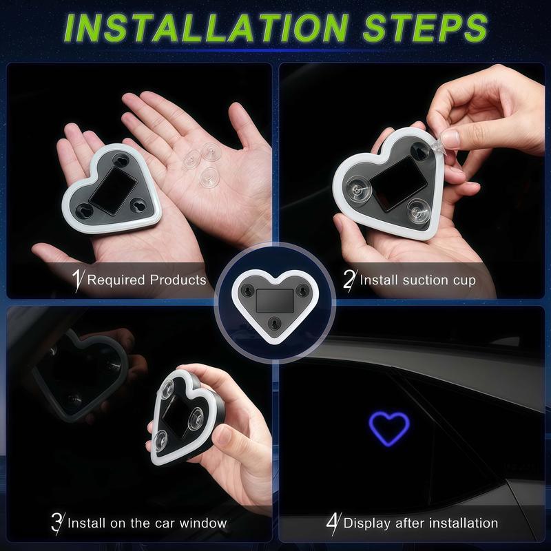 2PCS-Solar Powered Wireless LED Heart Shape C-Pillar Neon Light Eco-Friendly Modern Stylish Look for Car Interior Decor 9.57mm x 8.42mm x 15.36mm