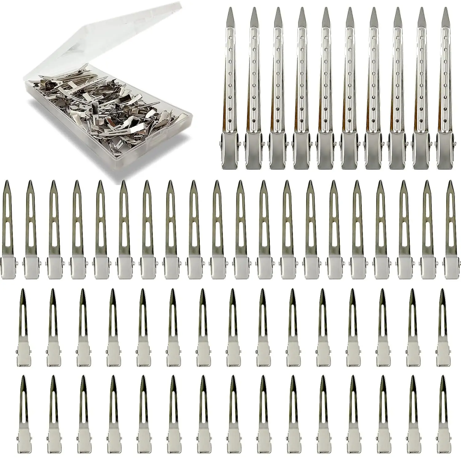 Silver Metal Duck Billed Hair Clips Set -  Roller Clips for Women's Long Hair Sectioning and Pin Curls, with Case