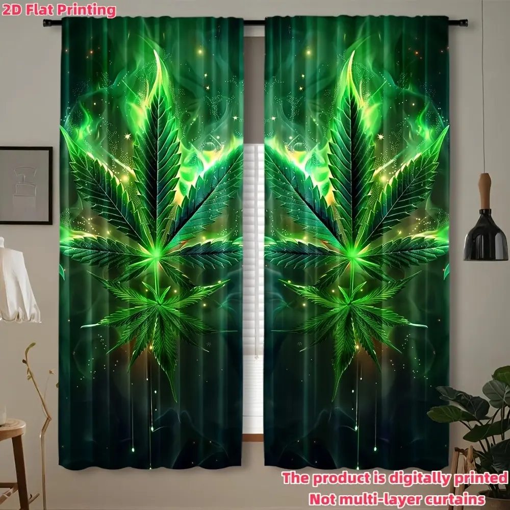 2D Flat Leaf Curtain Set of 2, Rod Pocket Design for Bedroom Living Room Kitchen Office Home Decor, Elegant 2D Style Window Curtain, Window Drapes