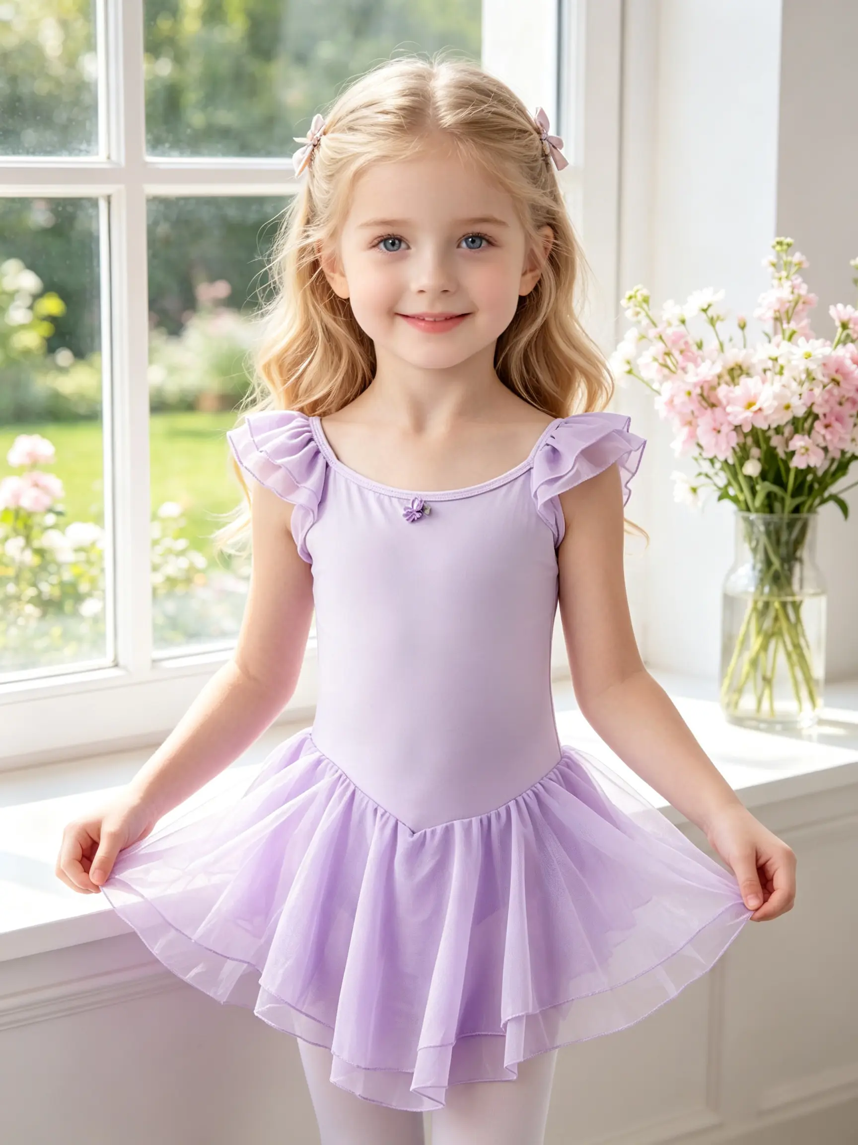Little Girls' Flutter-Sleeve Ballet Leotard with Tulle Skirt, Soft Stretchy Toddler Dance Dress for Ballet Class and Stage Performance