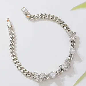 Women's Hypoallergenic Silver-Plated Cuban Link Bracelet with Paved Crystal Butterfly Charms, Trendy Hip Hop Bling Jewelry
