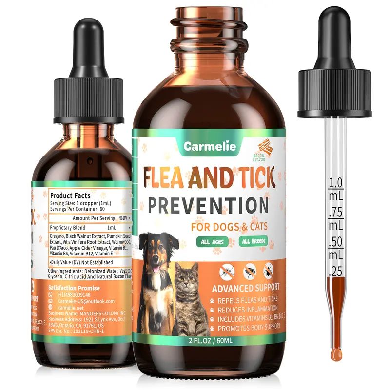 #backtoschool #sohochic Carmelie Flea & Tick Support Drops for Dogs & Cats Natural Liquid Formula with Vitamins Bacon Flavor All Breeds & Ages Kittens