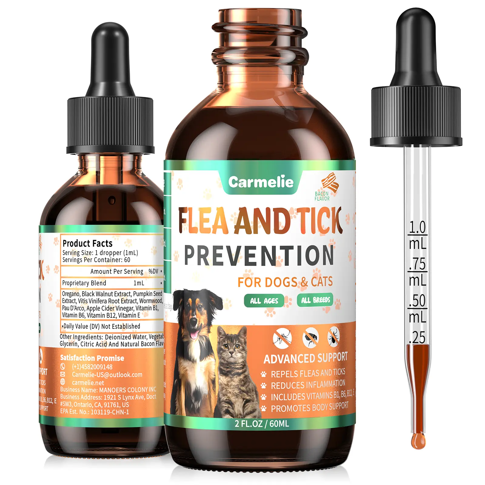 Carmelie Flea & Tick Support Drops for Dogs & Cats | Natural Liquid Formula with Vitamins | Bacon Flavor, All Breeds & Ages Kittens#FallFreshness