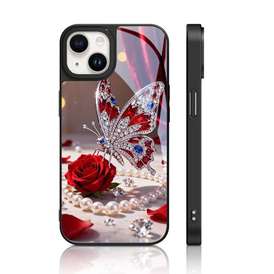 Elegant Gemstone Butterfly, Red Rose & Pearl Pattern Glass Phone Case - Decorative, Shockproof, Durable Cover for iPhone 17,16 Pro Max,16 Plus,15,14,13,12,11,11 Pro - Unique Style Mobile Phone Accessories, Decoration