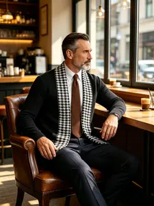 Men's navy blue main body black and white houndstooth spliced lapel knitted cardigan, a regular-fit open-front jacket, warm, breathable, and textured, suitable for daily commuting and layering or wearing alone in spring and autumn