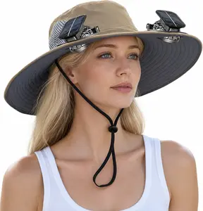 Unisex solar-powered fan sun hat with wide brim, UV protection fisherman hat, equipped with 2 solar cooling fans, with windproof chin strap, lightweight outdoor bucket hat, suitable for fishing, hiking, camping, beach, and gardening work