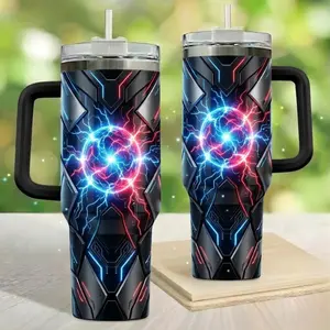 Cyberpunk Energy Core Insulated Tumbler with Handle - 40oz & 20oz Vacuum Stainless Steel Travel Mug - Futuristic Plasma Design Cup for Car