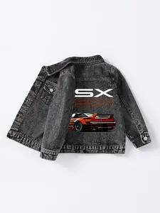 Trendy Boys' Outerwear Nsx Racing Car Print Vintage Wash Denim Top Spring Summer School Outing Versatile Casual Comfortable Daily Wear
