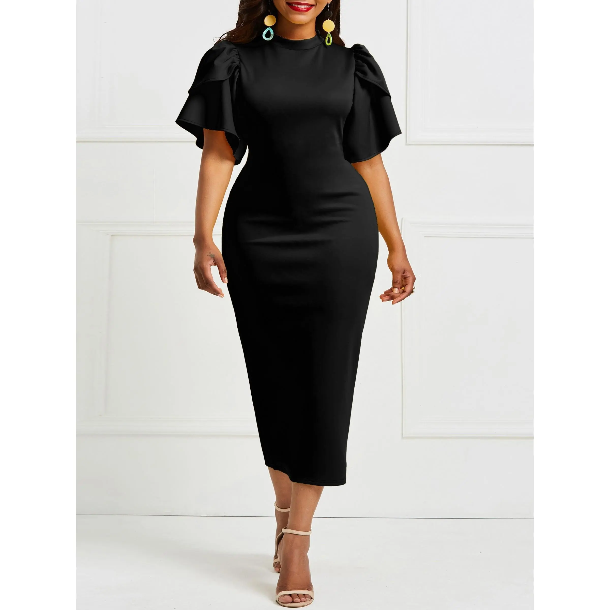 Women'S Elegant Green Ruffle Sleeve Midi Dress - Stretchy Polyester, Crew  Neck, Long Sleeve, Summer Chic, No