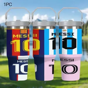 1pc 30oz Stainless Steel Thermos Mug, Insulated Tumbler, featuring a design of Messi's #10 jersey from three legendary teams, with a handle and straw, Perfect for coffee, tea, birthday/holiday gift, ideal for outdoor camping