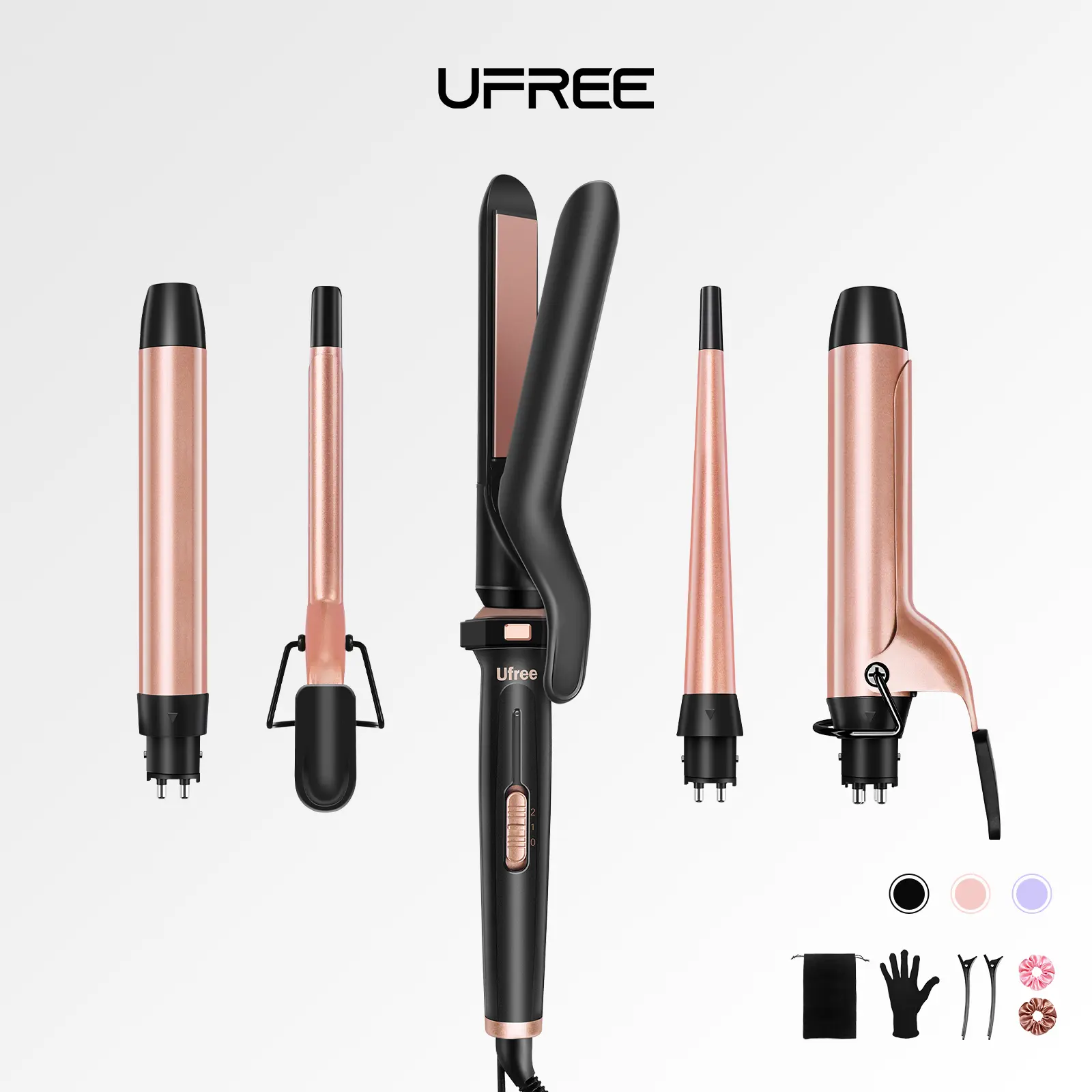 Ufree 5-in-1 Curling Iron Set with Interchangeable Ceramic Barrels & Flat Iron for Straightening, Multi-Curls 5-in-1 Curling Wand Set, Fast Heat Up Curling Wand, 0.35 to 1.25 inch barrels Hair Styling Tool, Ideal Women's Gifts