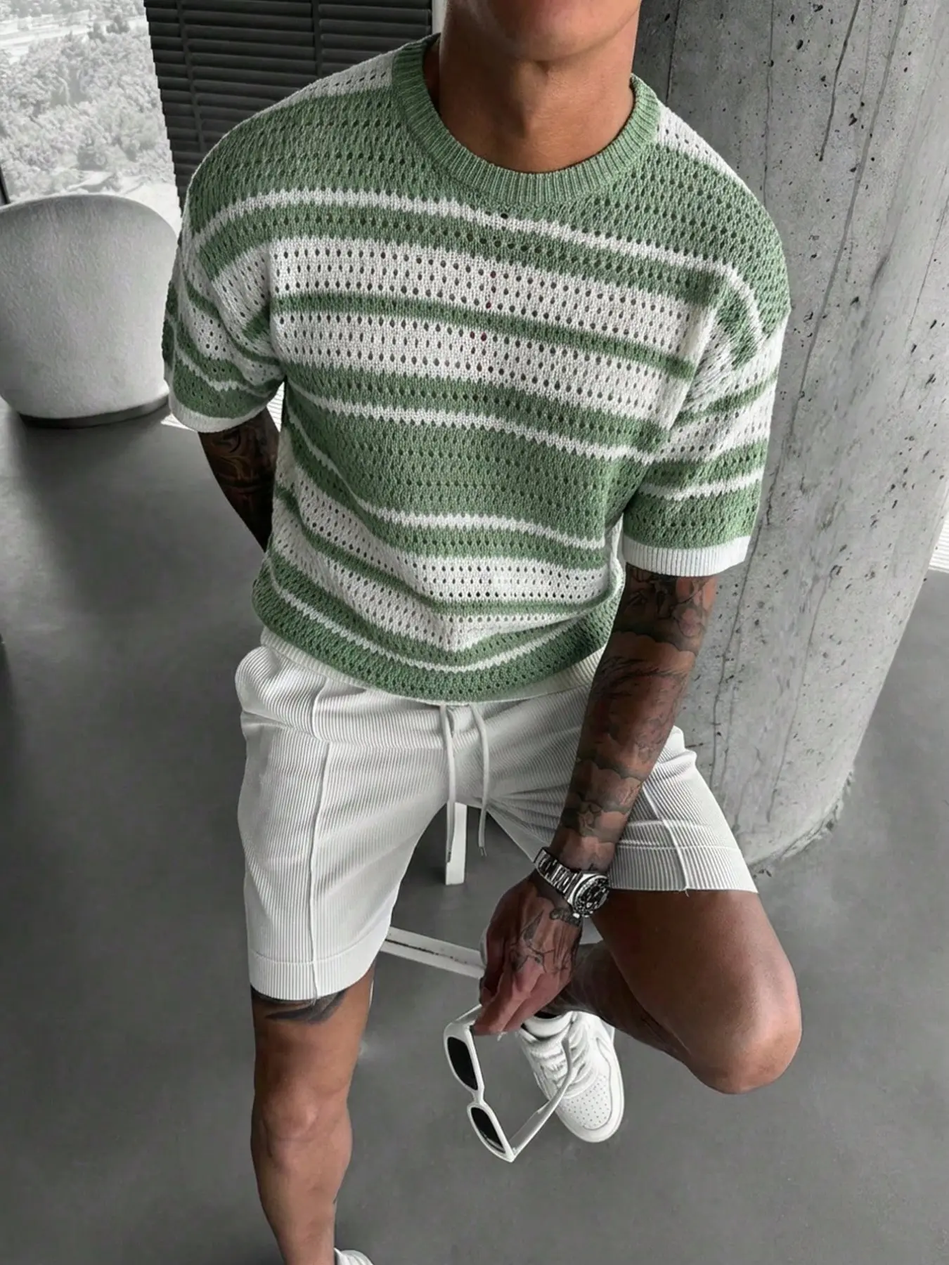 Men's Round Neck Top, Striped Hollow Out Knit Short Sleeve T-Shirt, Breathable Casual Summer Beachwear, Lightweight and Versatile, Classic Menswear