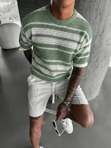 Men's Round Neck Top, Striped Hollow Out Knit Short Sleeve T-Shirt, Breathable Casual Summer Beachwear, Lightweight and Versatile