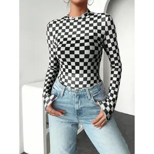 Women’s checkered mesh long-sleeve top, lightweight UV-resistant sexy shirt, summer casual fashion T-shirt GARMENTARY
