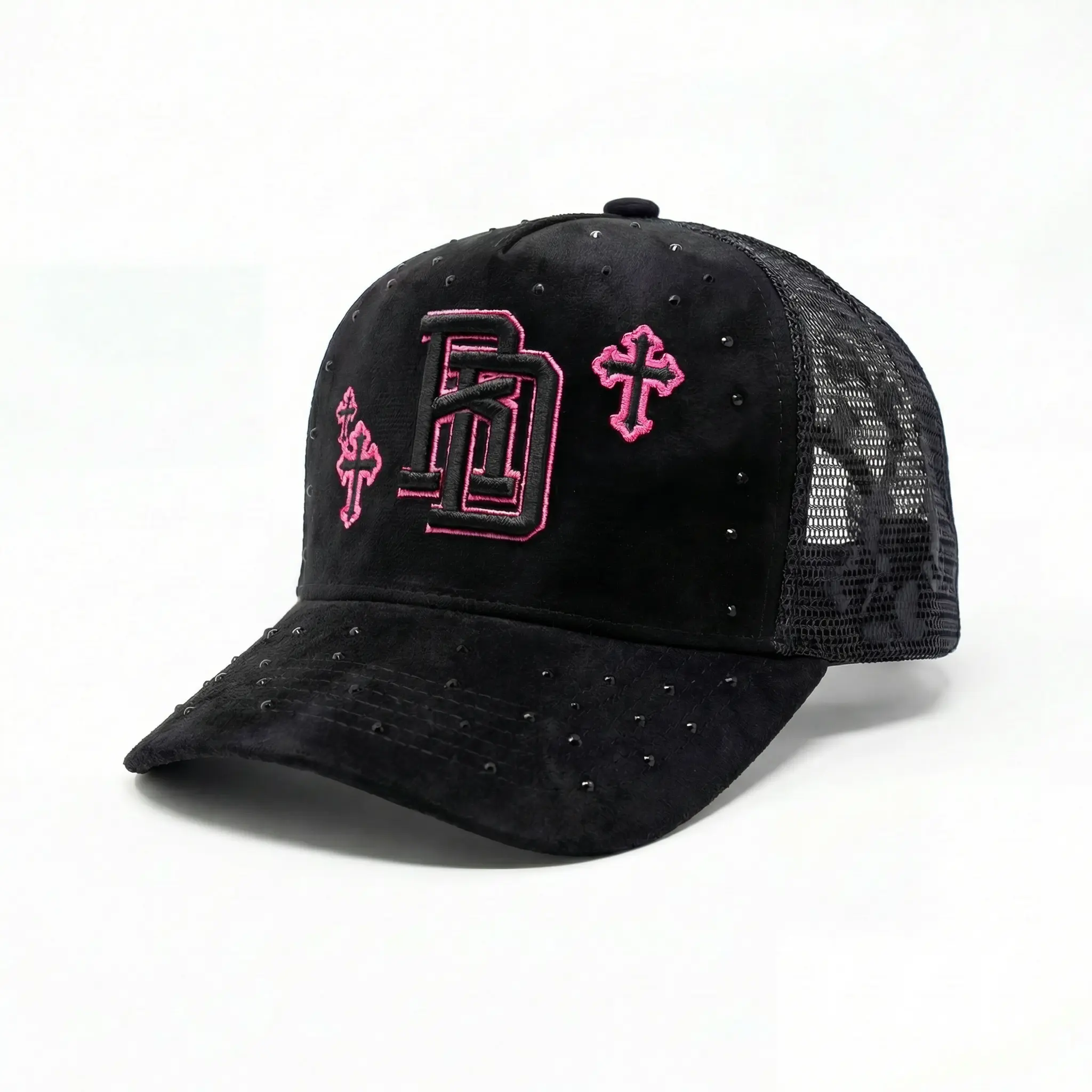 Republic Dominican RD Black Suede Trucker Hat with 3D Embroidery and Crosses, Stylish Luxury Style for Going Out Statement Cap Casual Summer Hat