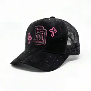 Republic Dominican RD Black Suede Trucker Hat with 3D Embroidery and Crosses, Stylish Luxury Style for Going Out