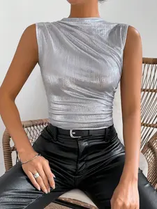 Spicy Coquette Metallic Silver Ruched Mock Neck Sleeveless Slim Fit Party Top Y2K Vintage Metallic Silver Ribbed Mock Neck Sleeveless Ruched Crop Top Chill Futuristic Metallic Silver Mock Neck Sleeveless Slim Fit Office Top