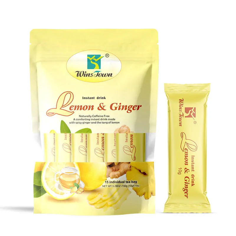 WinsTown Lemon Ginger Honey Fruit & Herbal Blend Tea - Caffeine-Free Instant Powder Beverage, 15 Individual Packs (150g) Powder Sachets for Hot & Iced Daily Brewing