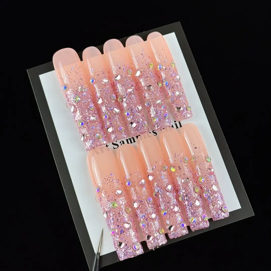 10pcs high-end Style and luxury version, hand-painted pink cat eyes, dazzling with full diamonds handmade press ons fake nails, Suitable for attending important banquets, birthday parties, opening dances, and celebrating festivals, Glam Pack Glitter