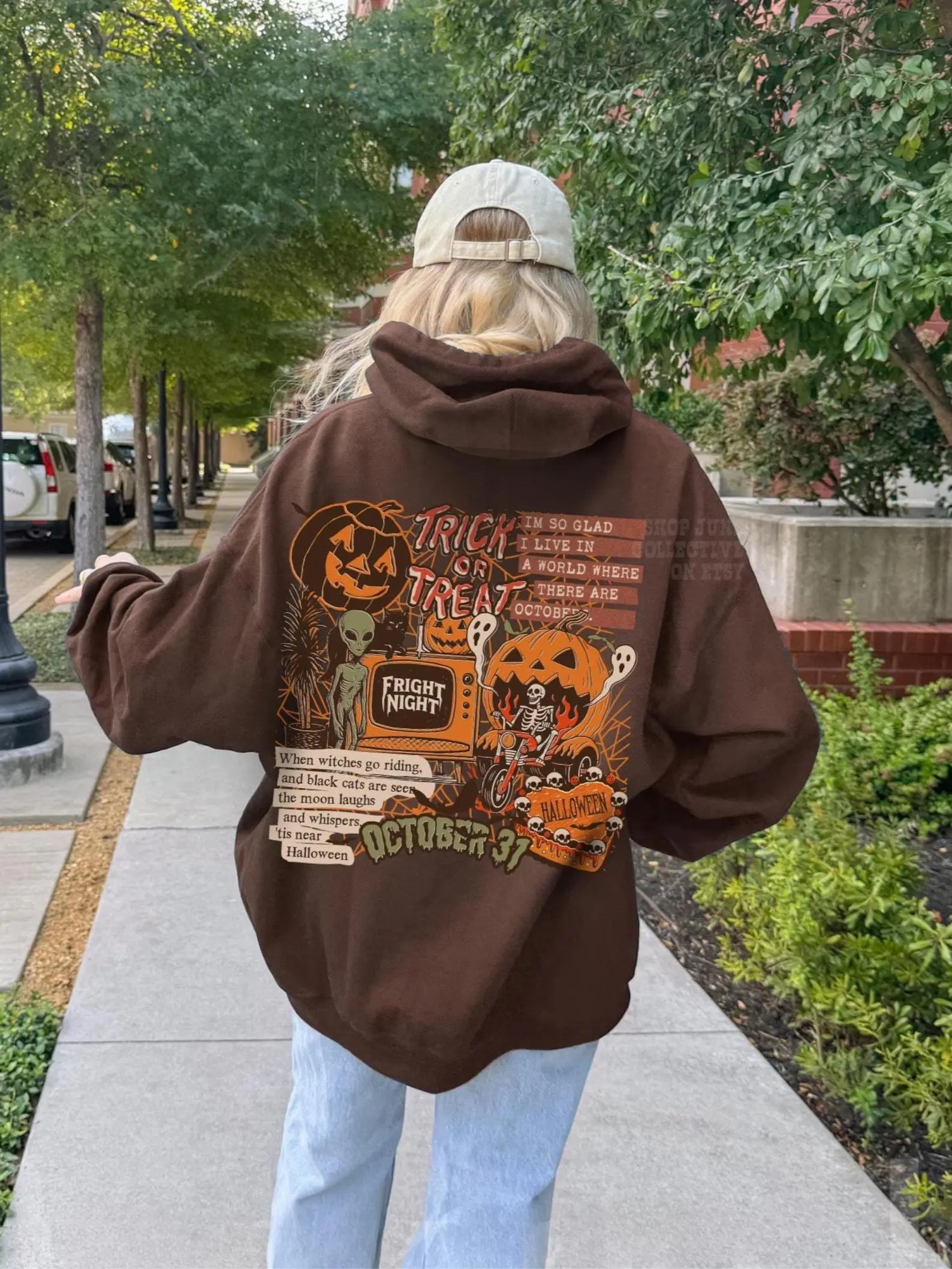 Vintage Halloween Collage Hoodie, Grunge Trick or Treat Graphic Hoodie, Ghost Pumpkin Skeleton Witchy Hoodie, Spooky Season Fall Gift