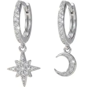 Women's Hypoallergenic Copper White Metal Plated Dainty Star and Moon Asymmetrical Huggie Hoop Earrings, Cubic Zirconia Whimsical Celestial Symbol Duality Style Metal Hoop Everyday Jewelry Gift, Whimsical Earrings, Celestial Symbol Earrings